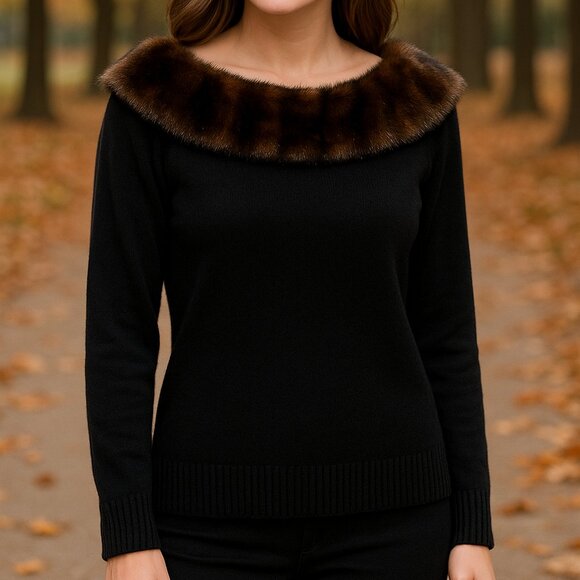 Nygard Collection Blouse Sweater SZ PM (10-12) Faux Fur Collar Black Chic Glam - Picture 1 of 6